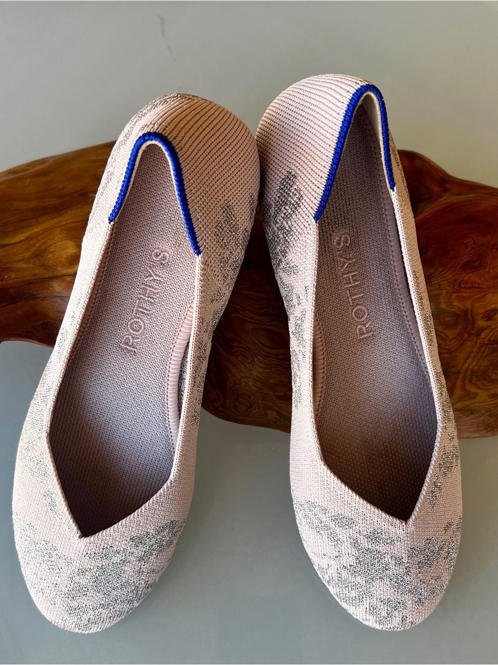 Rothy's Blush Knit Slip-On Flats with Royal Blue Trim